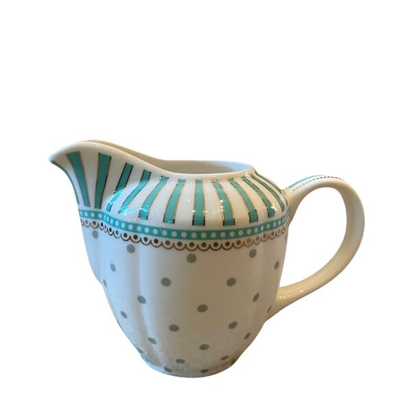 Grace Teaware Fine Porcelain Creamer & Sugar Aqua Blue & White Dots Stripes New - Picture 2 of 16